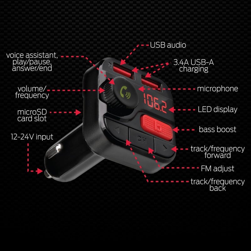 XTREME Monster Bluetooth FM Transmitter for Car Cigarette Lighter, Bass Boost, Track Back/Forward, Volume, Play/Answer Buttons, Micro SD Card Slot, Microphone, 2 USB Chargers, Google Voice & Siri Compatible - Image 3